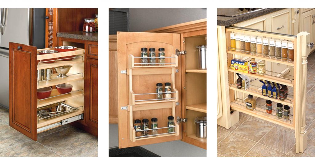 Cabinet organizers for the kitchen including spice rack, pull out cabinets, and back of door racks.