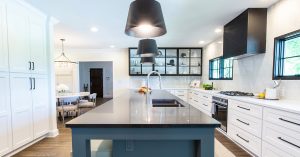 A transitional kitchen layout offers both great functionality and design aesthetic.