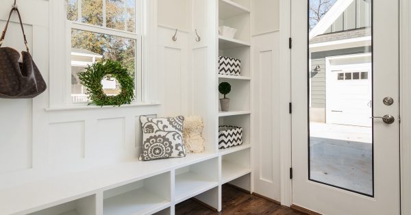 Mudroom command center built with repurposed cabinets.