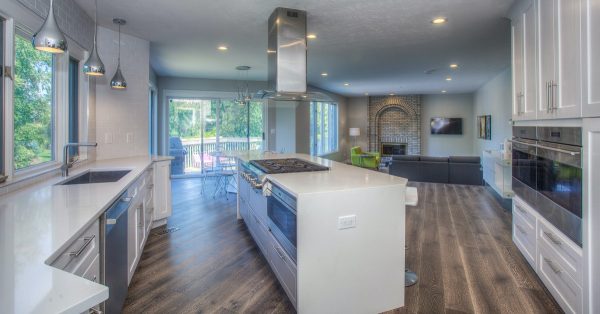 Open concept kitchen with large island.