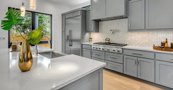 Kitchen with gray cabinets.