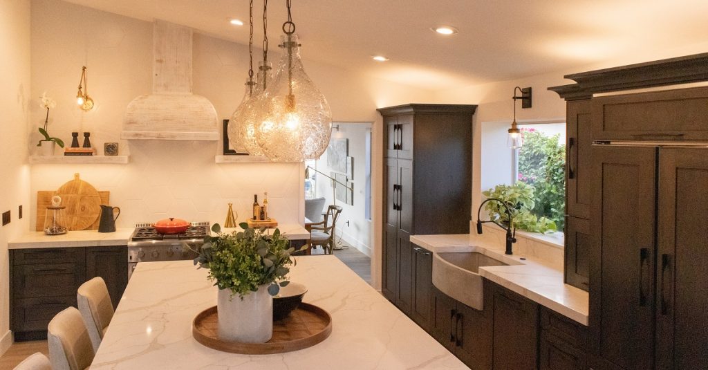 Kitchen with refinished wood cabinets.