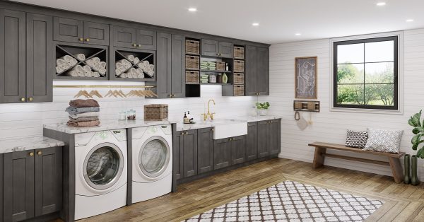 Laundry room with kitchen cabinets.