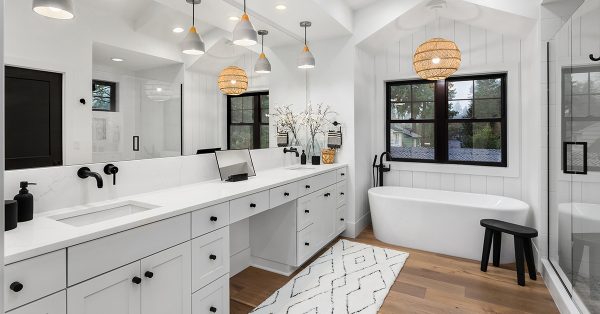 White base cabinets in a large bathroom.