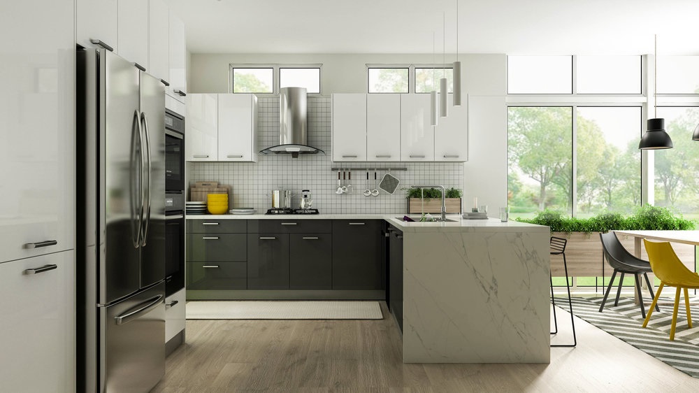 Modern kitchen with glossy white cabinets and marble accents.