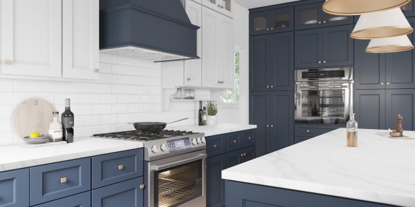 Midnight Blue kitchen cabinets in a white kitchen with stainless steel appliances.