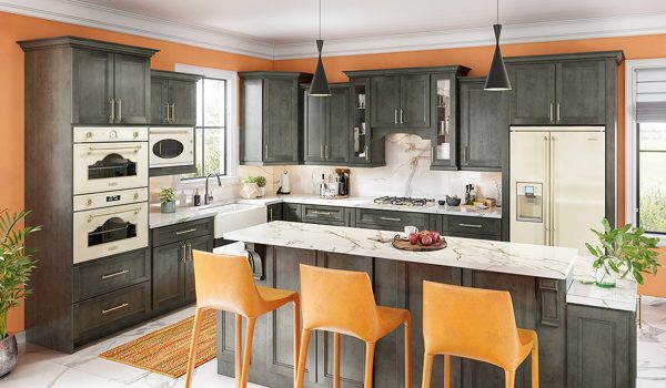 Medium kitchen with dark cabinets and marble accents.