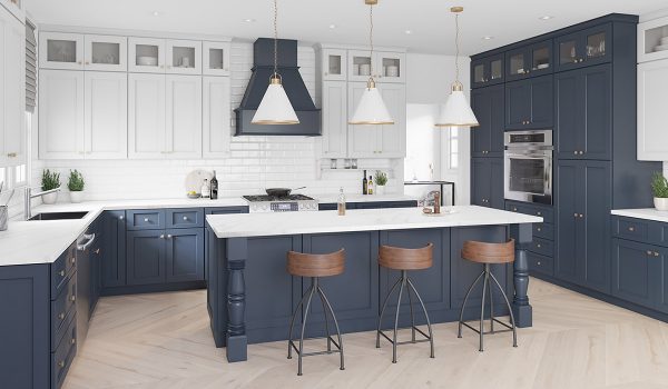 Kitchen with blue cabinets in an open galley layout.