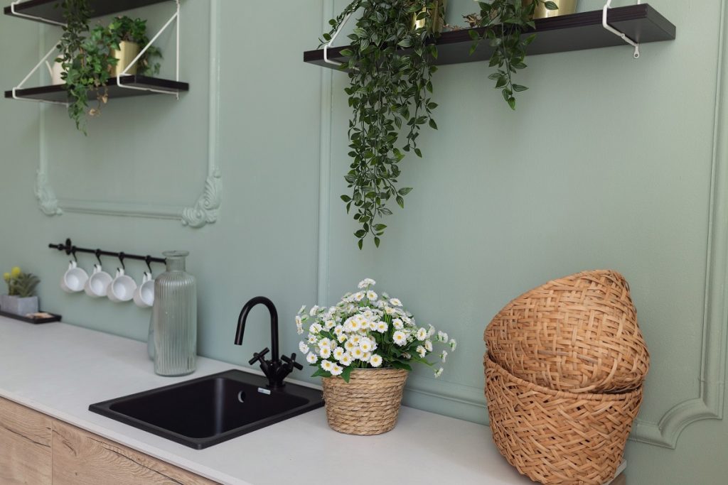 Corner of a kitchen with small black sink with sage green walls.