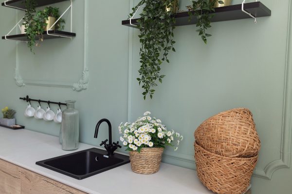 Corner of a kitchen with small black sink with sage green walls.