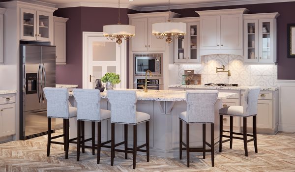 White kitchen with large island and eggplant colored featured wall.