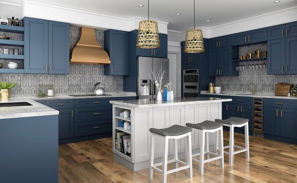 Stock cabinets in gray shaker for the kitchen island.