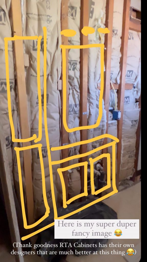 A preliminary sketch on Bianca's Instagram story showing where her new cabinets will go.