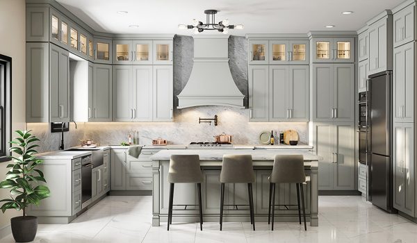 Gray cabinets in a neutral kitchen with classic island.