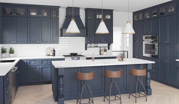 White and blue kitchen with blue Shaker cabinets.