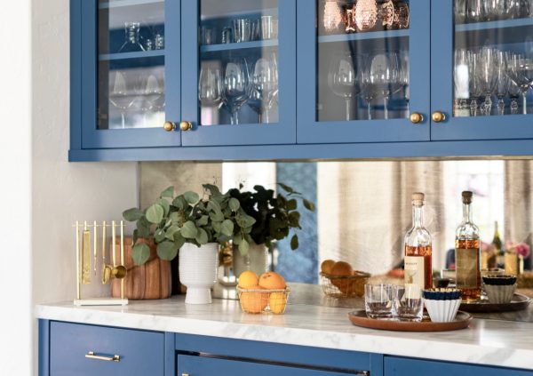 Shaker cabinets painted a lighter blue color.