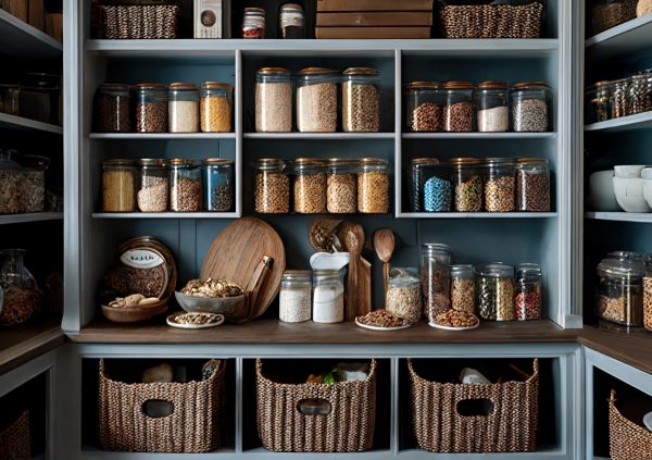 View into pantry with jars and baskets on shelves and a countertop.