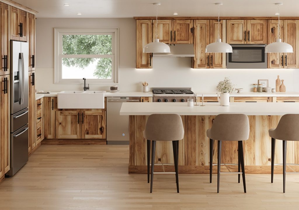 Airy, natural kitchen with light hickory cabinets and white accents.