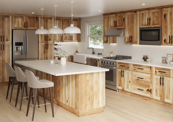 Natural hickory shaker cabinets in a rustic-modern kitchen.