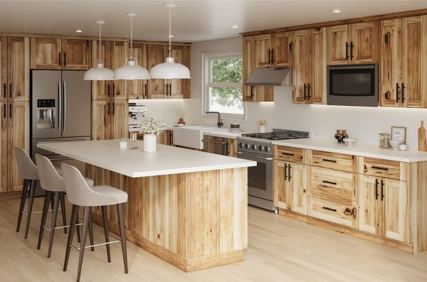 Hickory shaker cabinets in a modern rustic designed kitchen.