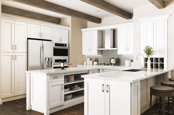 Large kitchen with rta cabinets in white Shaker style.