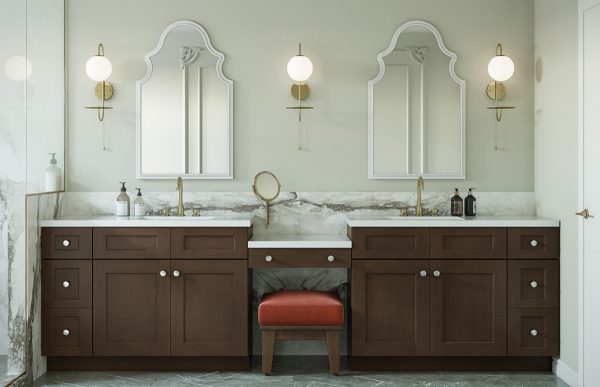 Double vanity in dark wood in a large neutral bathroom.