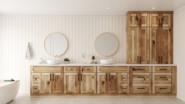 Hickory cabinets in a custom bathroom layout.