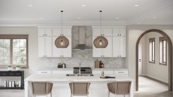 Skinny shaker cabinets in an all white kitchen with natural accents.