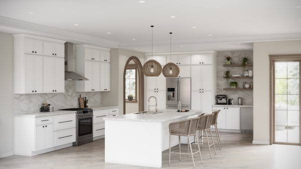 Large white kitchen with white cabinets and rattan accents.