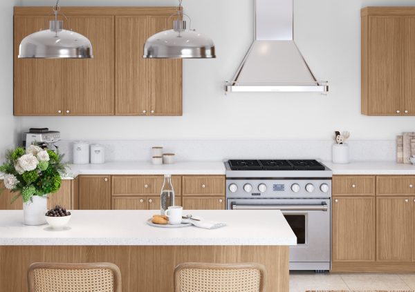 White and oak kitchen with stainless steel accents.