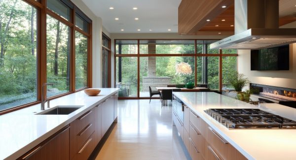 Long galley kitchen with walnut flat panel cabinets and white countertops with walls of windows.