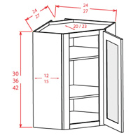 Artisan Shaker Wall Diagonal Glass Door Corner Cabinet- 24"W X 42"H X 12"D-1D-3S