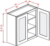 Artisan Shaker Wall Glass Door Cabinet- 30"W X 42"H X 12"D-2D-3S