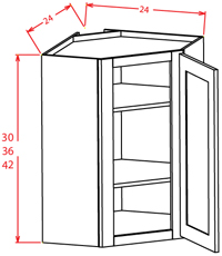 Gunnison Shaker Wall Diagonal Corner Cabinet - 24"W X 42"H X 12"D -1D-3S