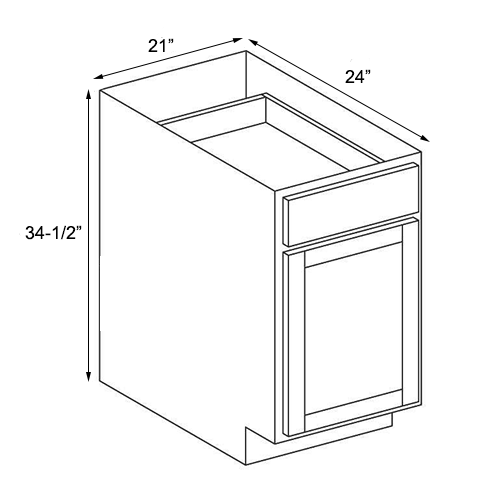 Frameless White Shaker Single Door Base Cabinet - 21"W x 34-1/2"H