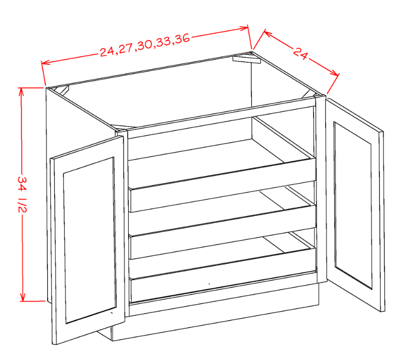 Black Shaker Base Cabinet with Full Height Door and Three Rollout Shelves - 33"W X 24"D