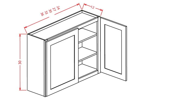 Gunnison Shaker Wall Glass Door Cabinet- 24"W X 30"H X 12"D-2D-2S