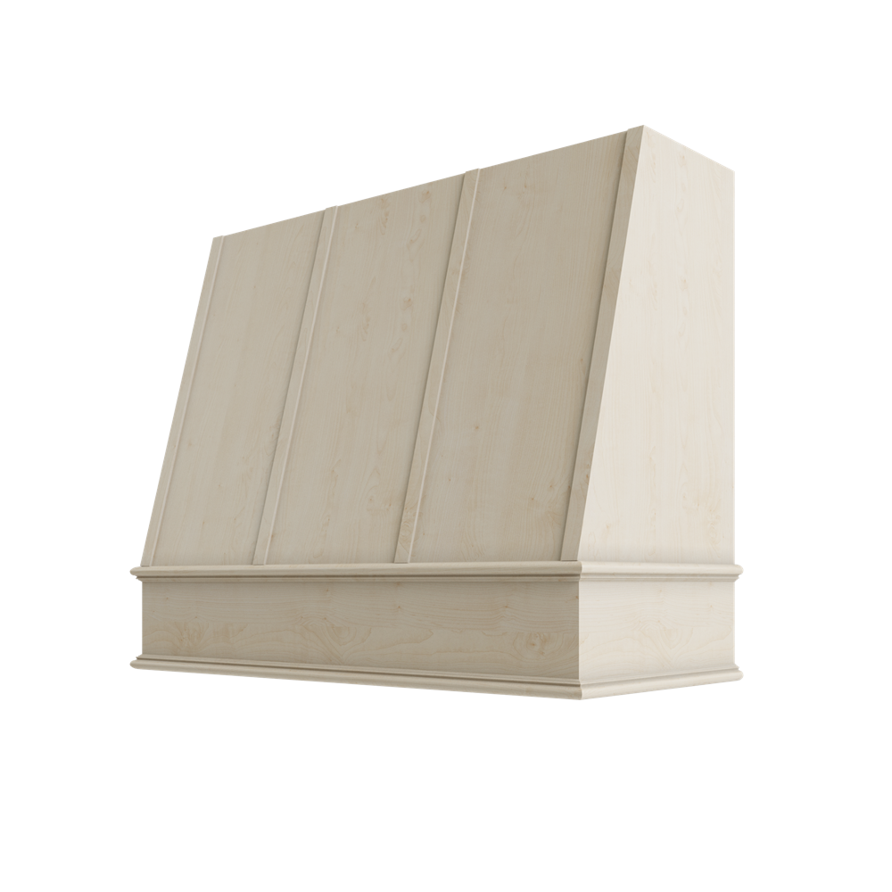 Wood Wall Mount Range Hood with Flat Trim and Strapping – Angled Style