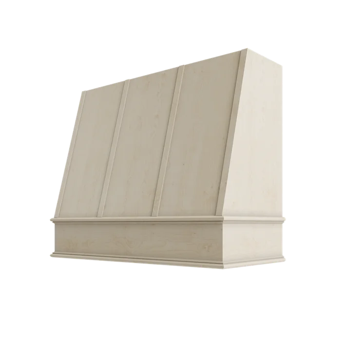 Wood Wall Mount Range Hood with Flat Trim and Strapping – Angled Style