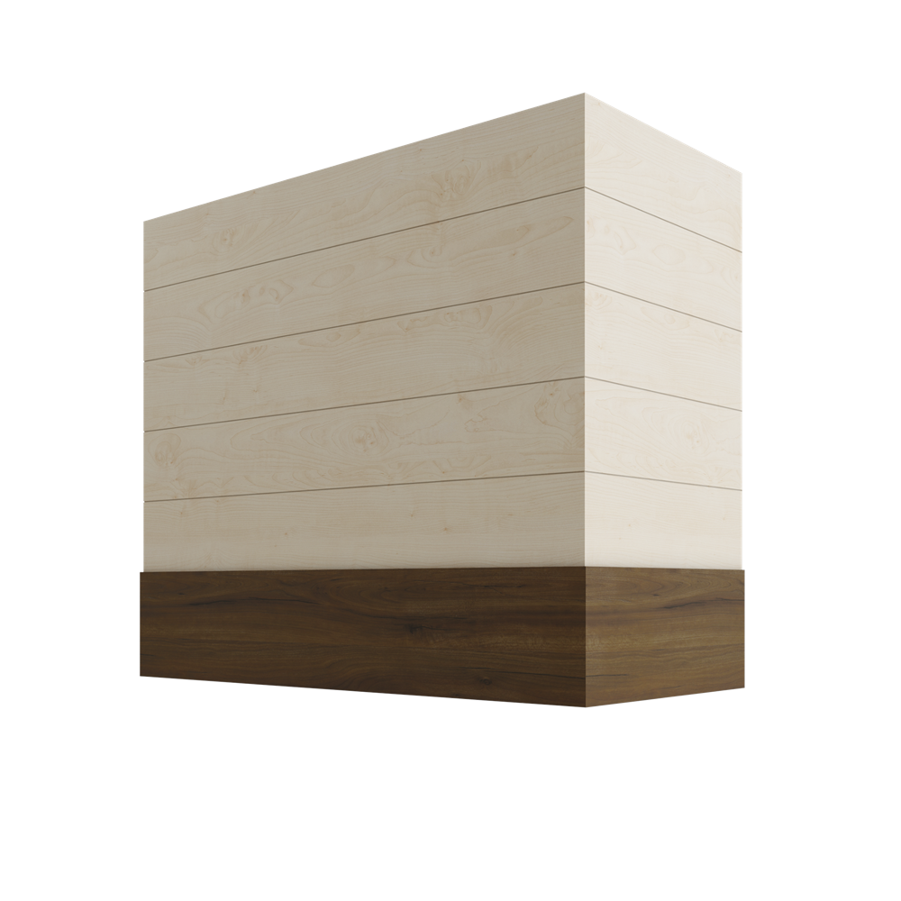 Wood Wall Mount Range Hood with Shiplap and Walnut Band – Box Style