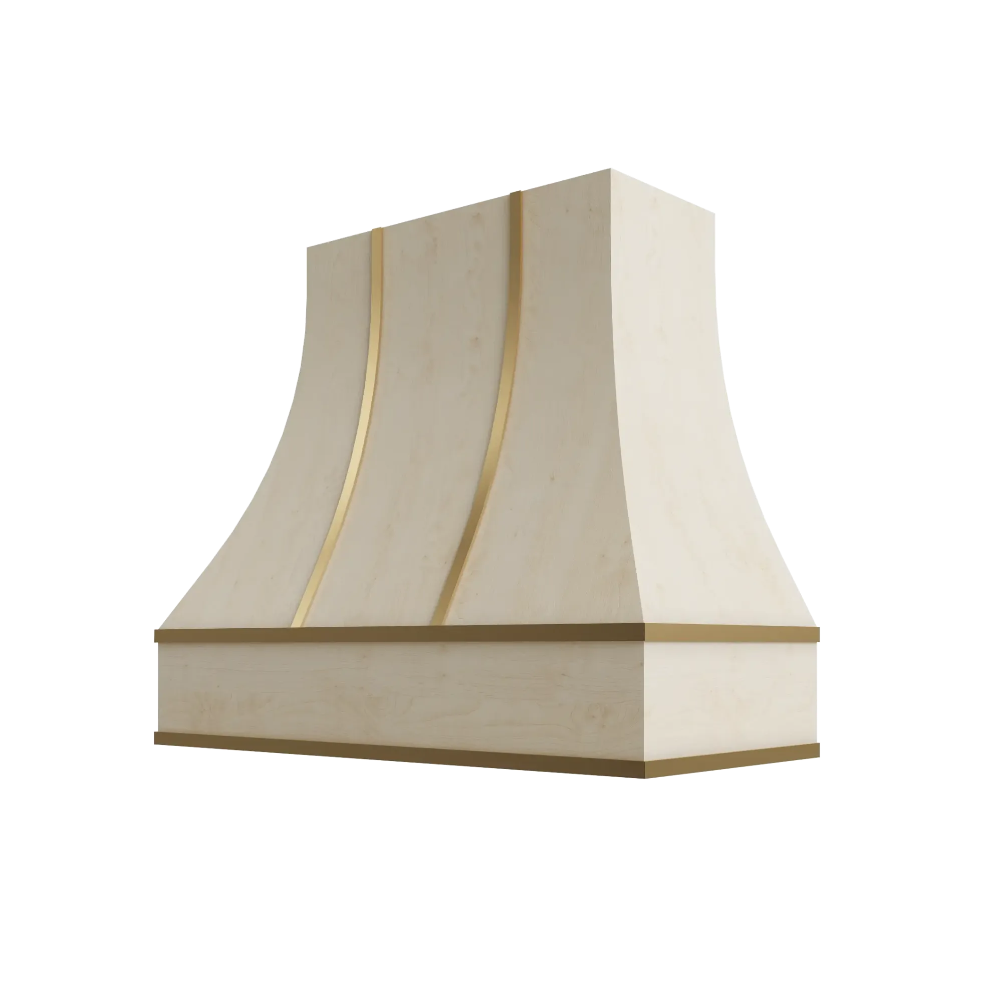 Wood Wall Mount Range Hood with Brass Strapping – Curved Style