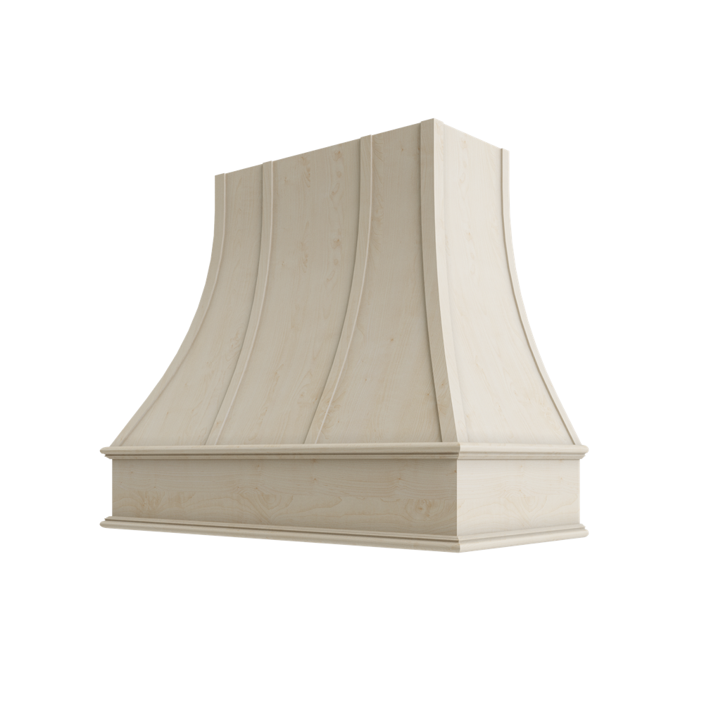 Wood Wall Mount Range Hood with Flat Trim and Strapping – Curved Style