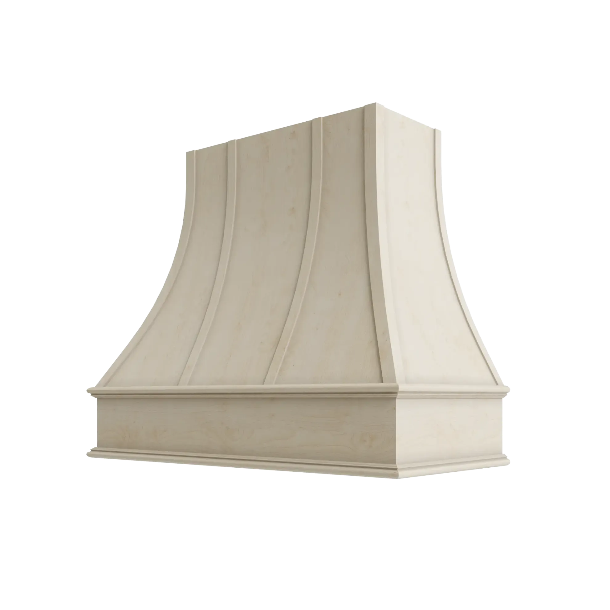 Wood Wall Mount Range Hood with Flat Trim and Strapping – Curved Style