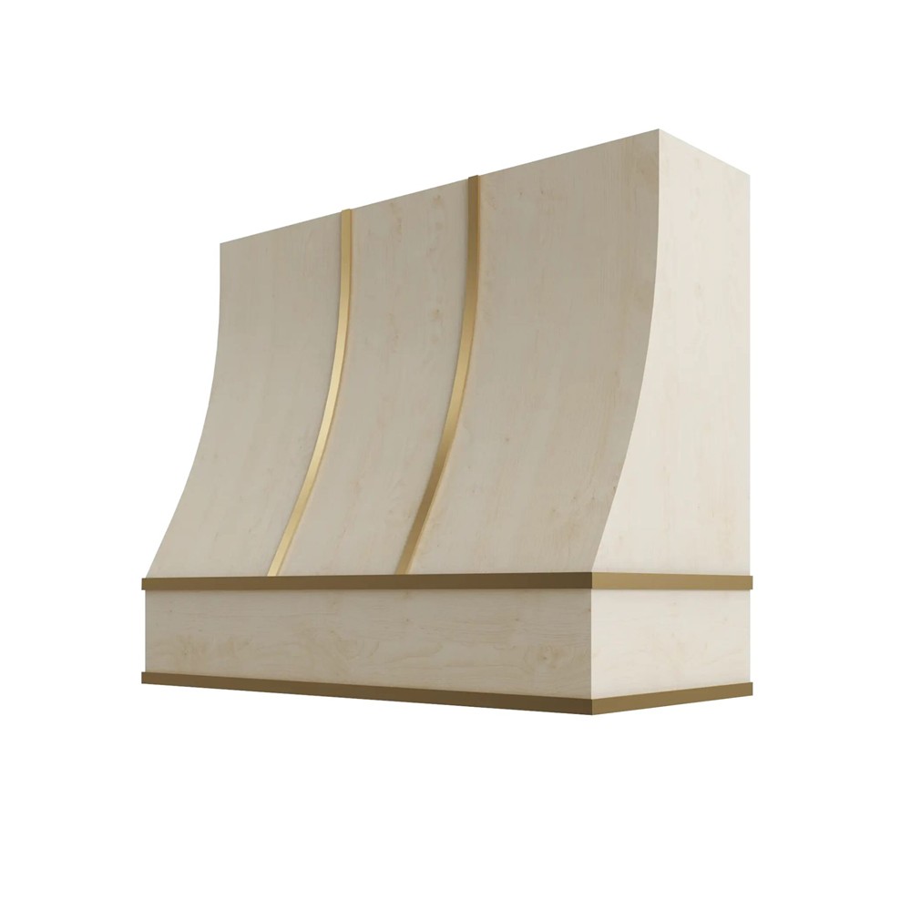 Wood Wall Mount Range Hood with Brass Strapping – Sloped Style