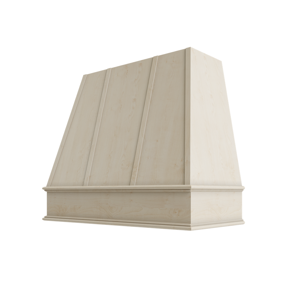 Wood Wall Mount Range Hood with Flat Trim and Strapping – Tapered Style