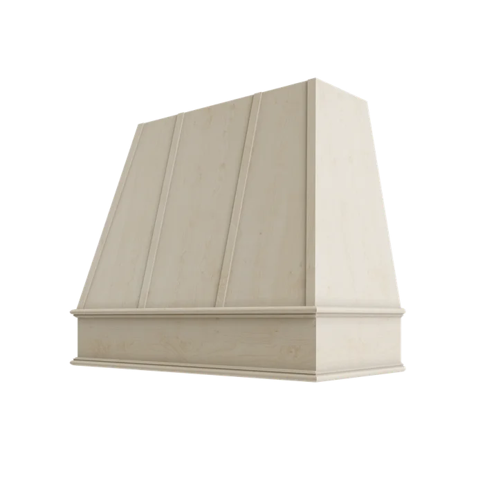 Wood Wall Mount Range Hood with Flat Trim and Strapping – Tapered Style