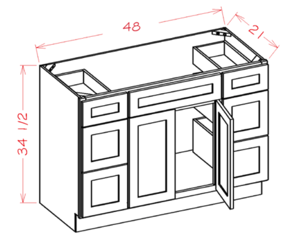 Cinder Shaker Vanity Double Drawer Combo Base Cabinet - 48"W x 34-1/2"H x 21"D