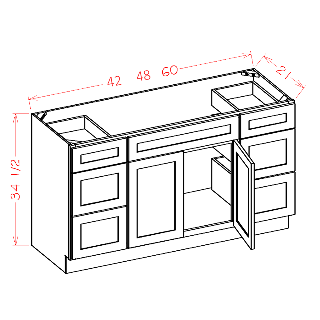 Rift Oak Shaker Vanity Double Drawer Combo Base Cabinet - 48"W x 34-1/2"H x 21"D
