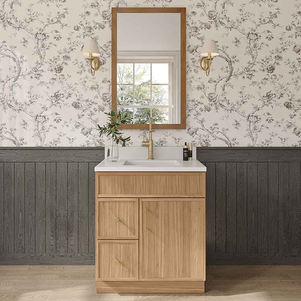 Slim White Oak Vanity Sink Base Left Drawer Stacking Cabinet - 30" W