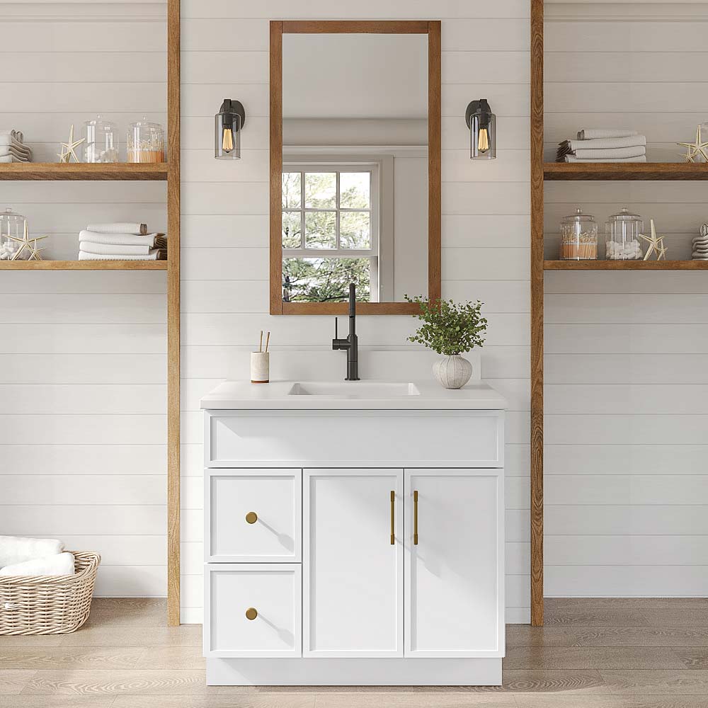 Slim White Shaker Vanity Sink Base Left Drawer Stacking Cabinet - 36" W
